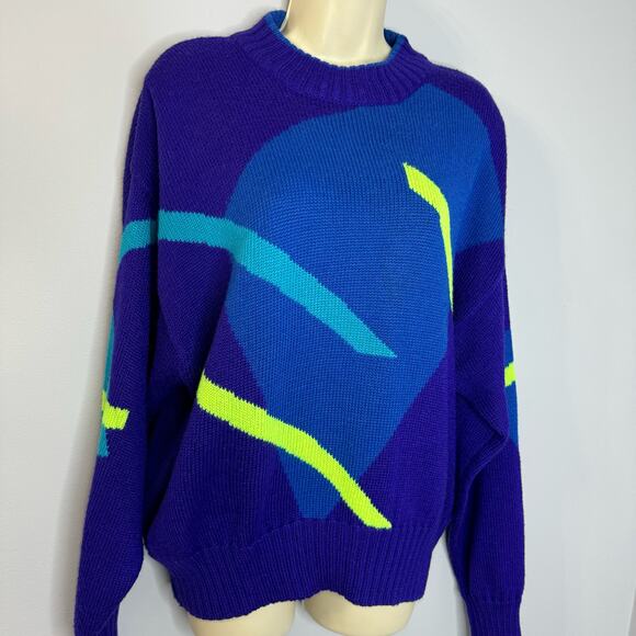Obermeyer Vintage 80s Sail Sweater Wool Blend Retro Skiing Blue Neon Women's L - Picture 3 of 9